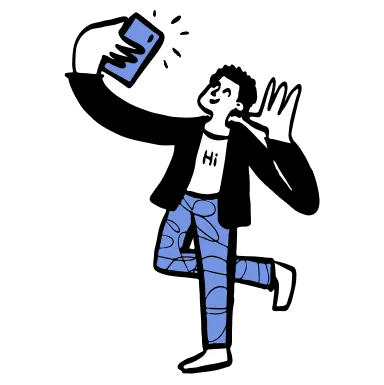 Illustration of a person holding a phone and a t-shirt that reads &quot;Hi&quot;