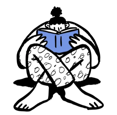 Illustration of a person sitting cross-legged, reading an open book