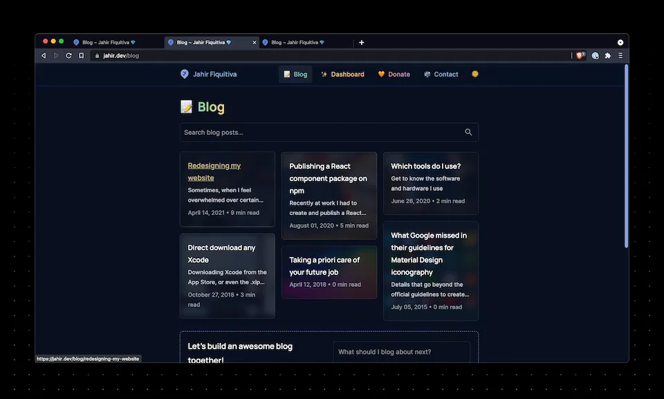 First
iteration of blog posts cards
design