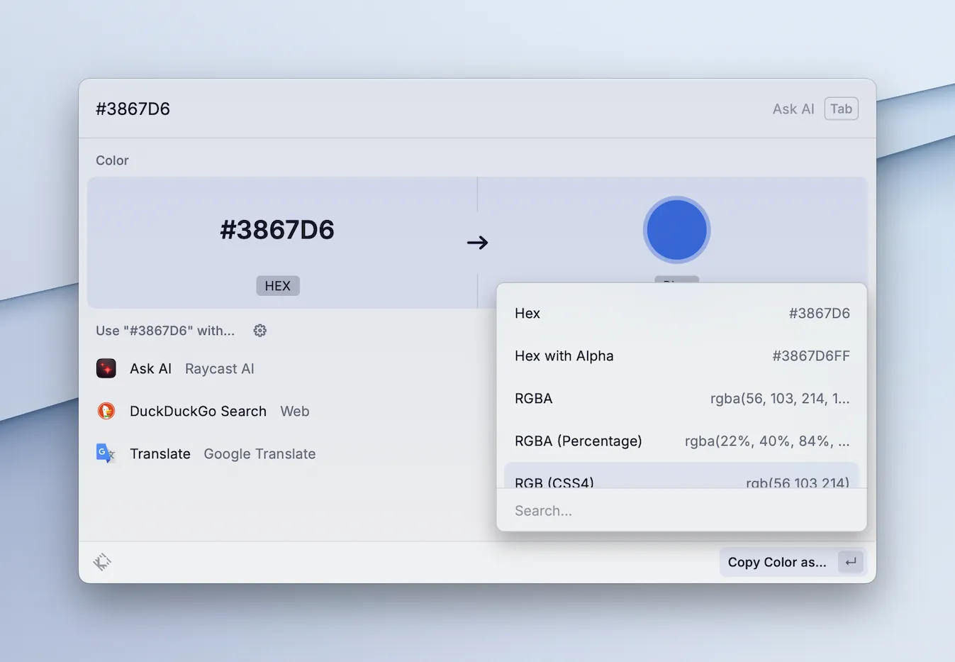 Copy a color in different
formats