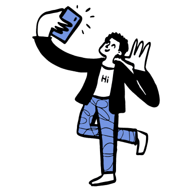 Illustration of a person holding a phone and a t-shirt that reads "Hi"